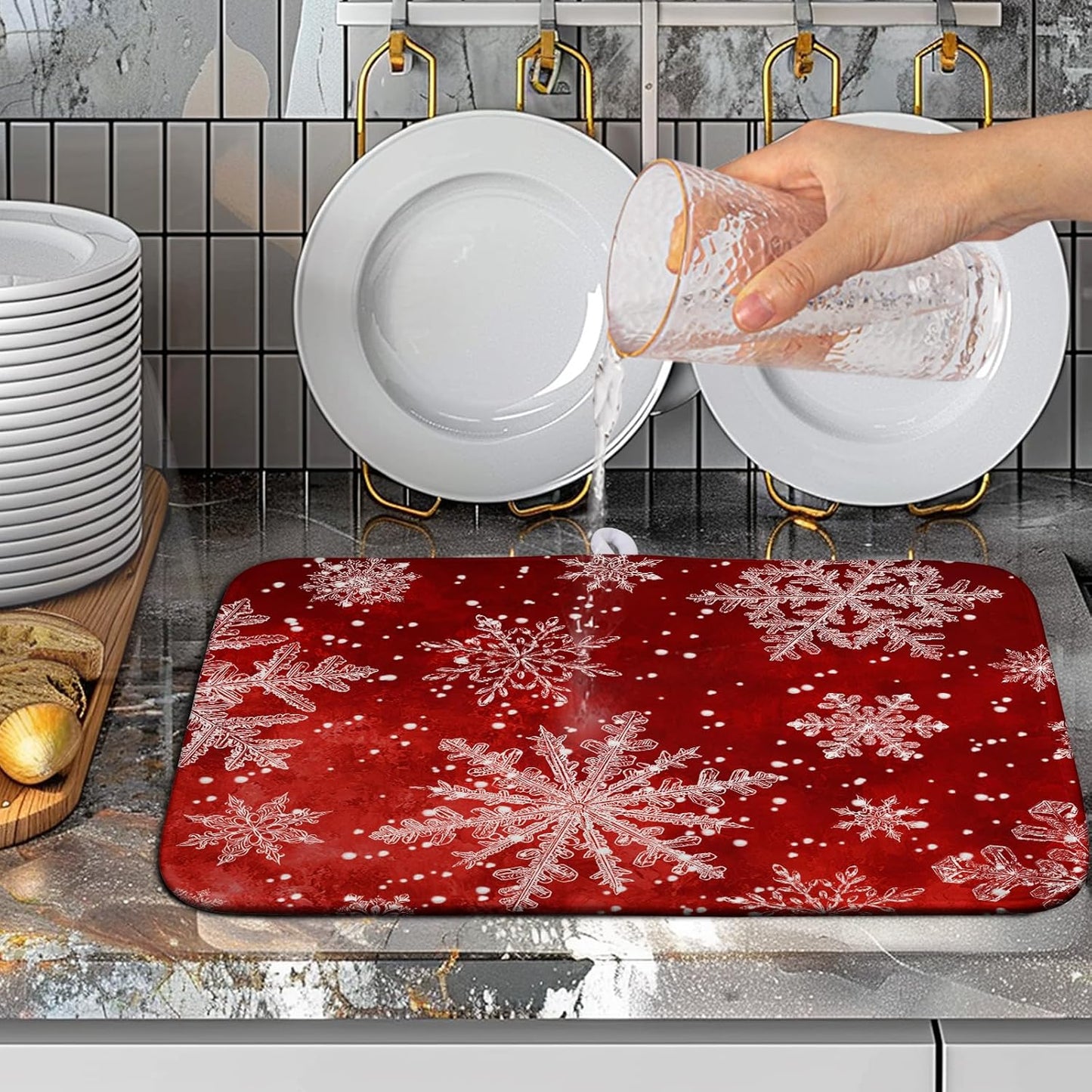 Christmas Dish Drying Mat for Kitchen Counter 16x18 Inch Red Snowflake Xmas Drying Pad Winter Holiday Dish Draining Mat Absorbent Microfiber Dish Drainer Rack Mat for Coffee Bar Kitchen
