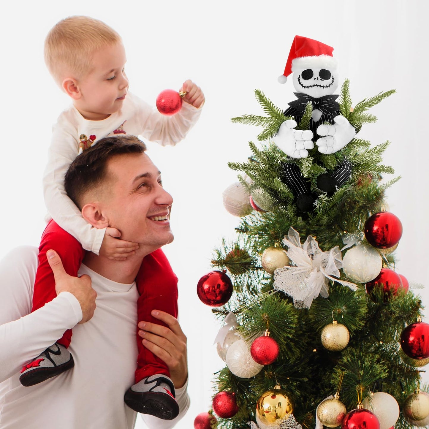 Tree Topper Decorations for Halloween and Christmas, Cute Plush Jack Huggers with Santa Hat, Poseable Handmade Tree Topper Party Decor