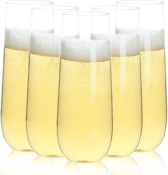 Bestluck 48 Pack 9 oz Stemless Plastic Champagne Flutes, Clear Disposable Champagne Toasting Glasses, Shatterproof and BP...