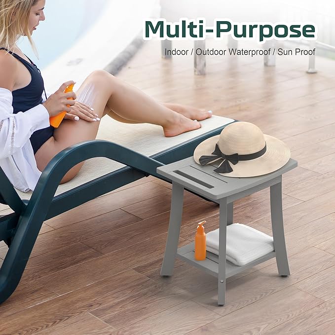Waterproof Shower Benches for Inside Shower, Poly Lumber Shower Stool with Storage Shelf & Adjustable Feet, SPA Bathroom Seat Chair for Shaving Legs, Indoor or Outdoor Use, Grey