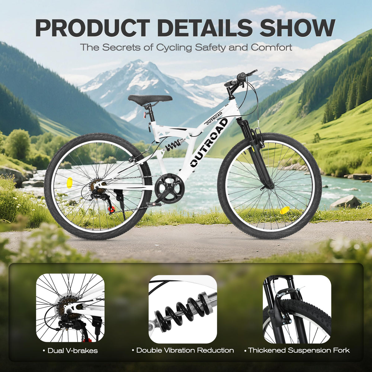 MarKnig Mountain Bike for Adult Men Women, 26 Inch 7 Speed Mountian Bicycle with Dual Full Suspension, Dual V Brake MTB Bicycle, Multiple Colors(White)