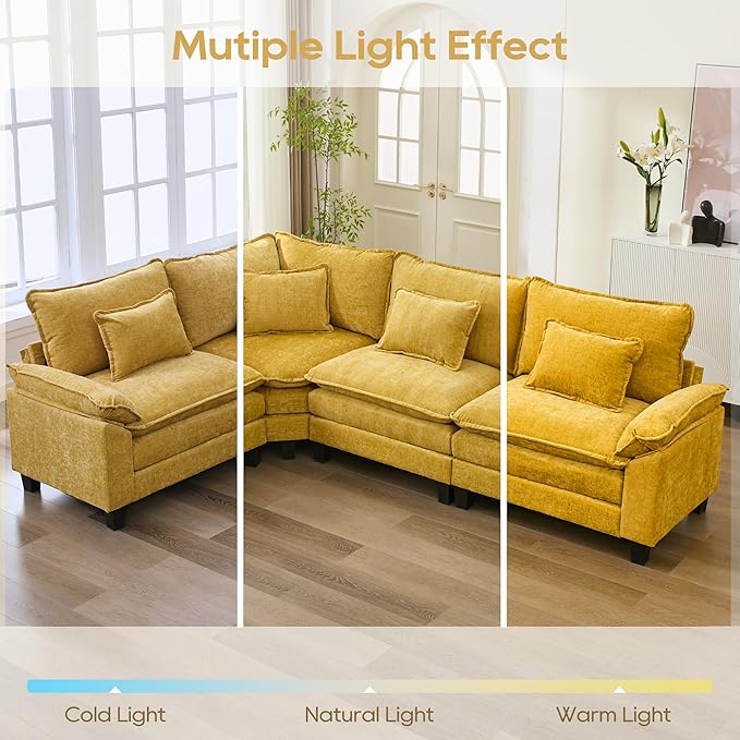 URRED Cloud Couch Modular Sectional Sofa, 116" Modern L Shaped Deep Seat Sofa with Pillows, Ultra Comfy Chenille Corner Couches for Living Room, Bedroom or Apartment, Yellow