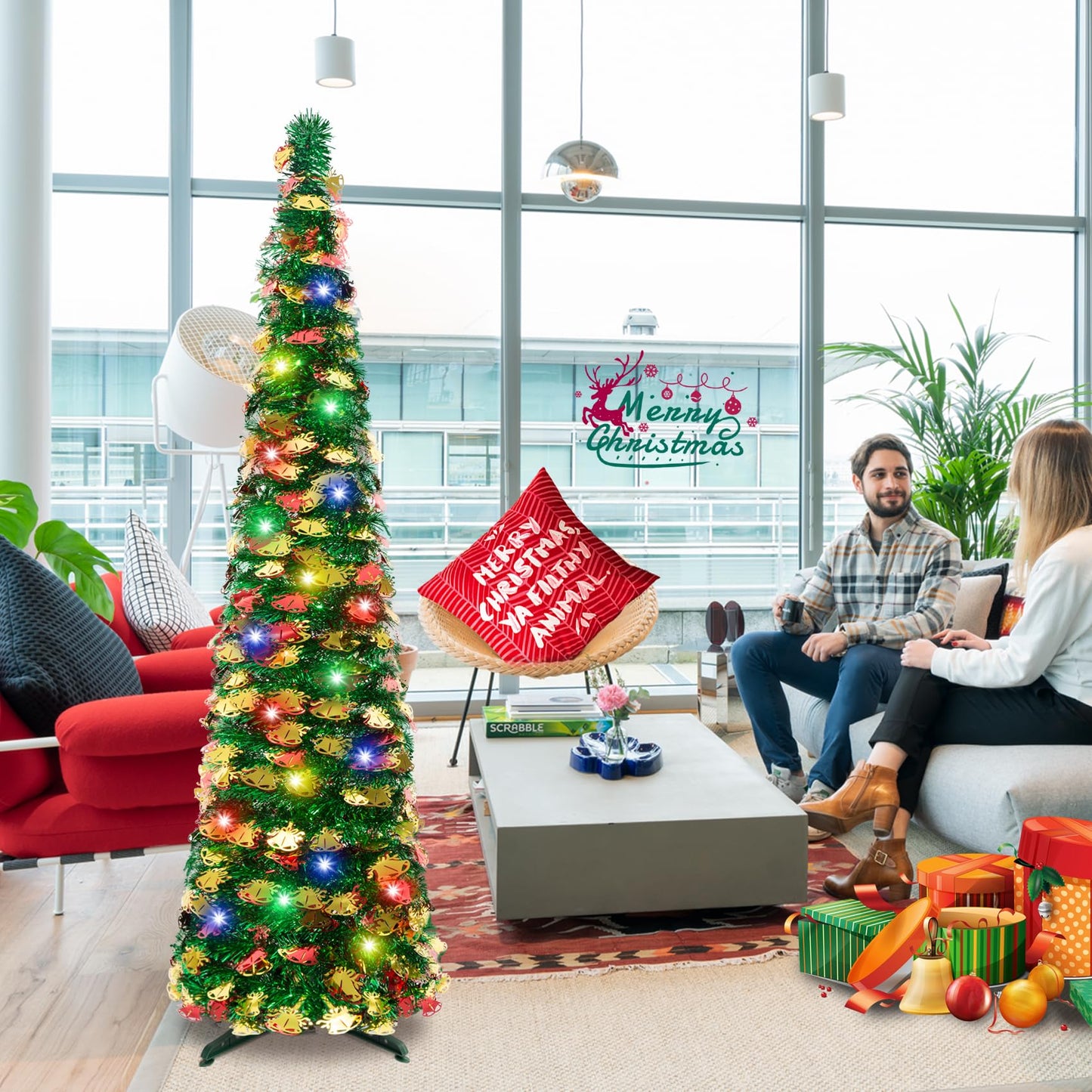 5Ft Pop Up Christmas Tree with Lights, Collapsible Pencil Tree Green Gold, Skinny Christmas Tree Slim Xmas Tree, Artificial Tinsel Tree Foldable for Home Apartment Holiday Party Winter Decor
