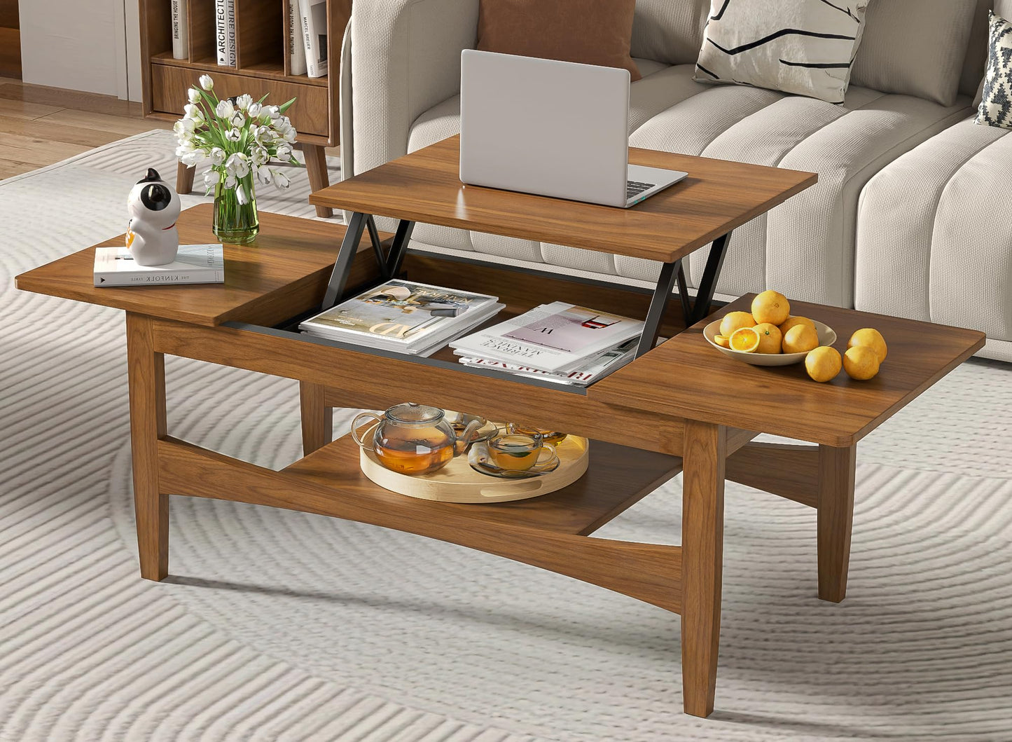 Oubayajia Coffee Table with Lifting Top, Rectangle Wood Lift Top Coffee Table with Open & Hidden Storage, Mid Century Pull up Center Tables for Living Room, Office (Walnut)