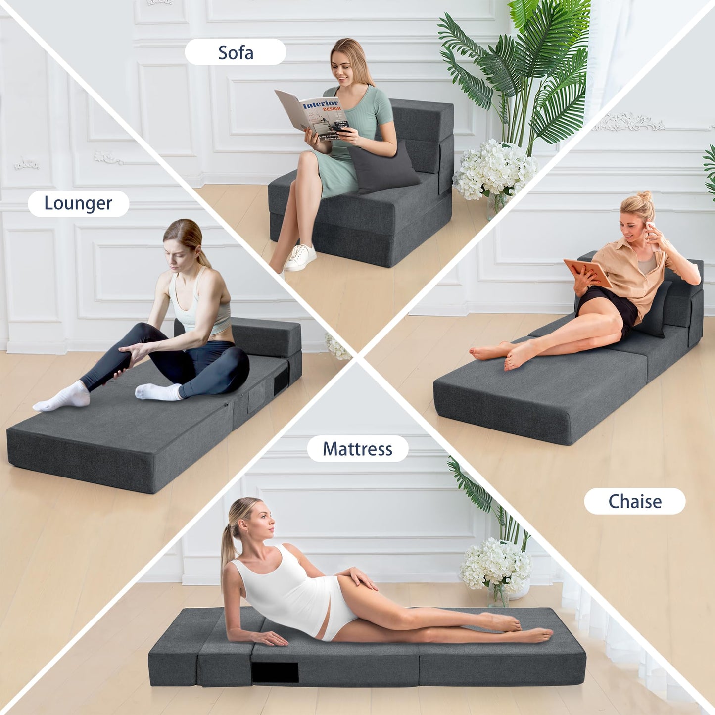 Ressainic Folding Sofa Bed Chair with Pillow,Convertible Fold Out Chair Bed Sleeper,Foam Floor Mattress, Foldable Futon Couch Bed for Living Room/Dorm/Guest/Office (Grey, Single)