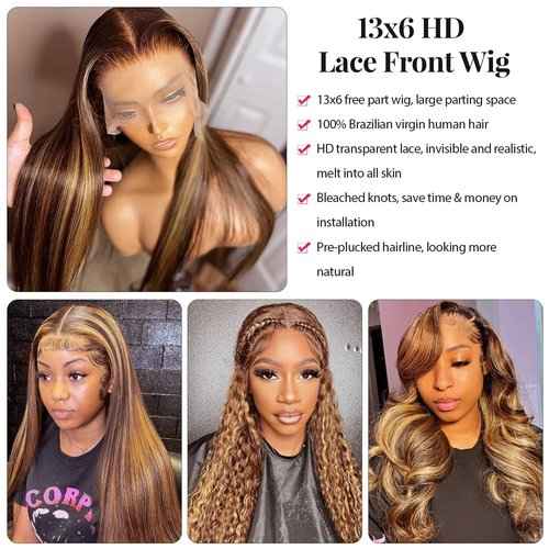 Balayage Highlights Lace Front Wig Human Hair Pre Plucked 24 Inch 13x6 HD Lace Frontal Wig Honey Blonde Highlight Outre Melted Hairline Lace Front Wig 150% Density Glusless Wigs Human Hair for Women
