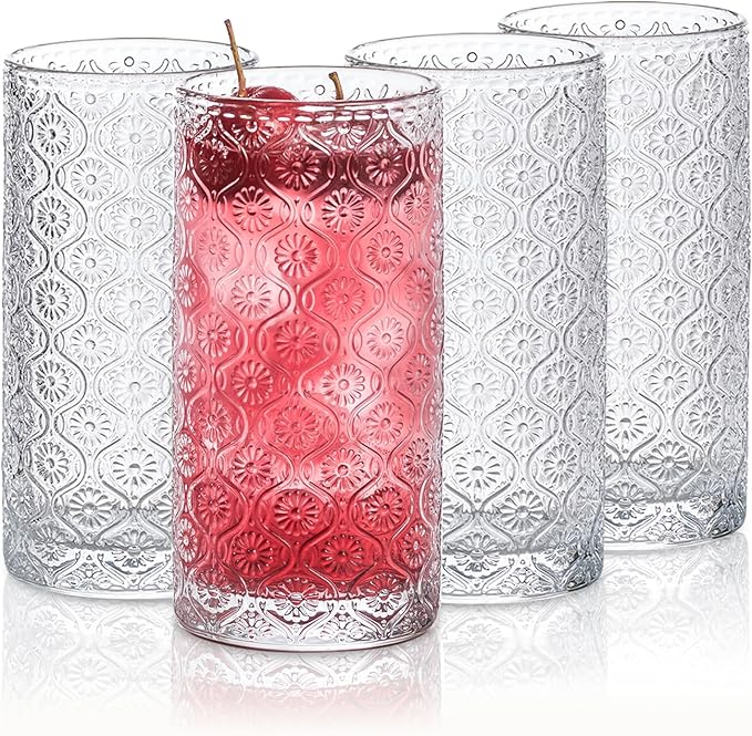 SoulTimes Glass Cups Vintage Glassware Set of 4, Drinking Glasses 12.5oz, Embossed Pattern Style Transparent Cocktail Glas...