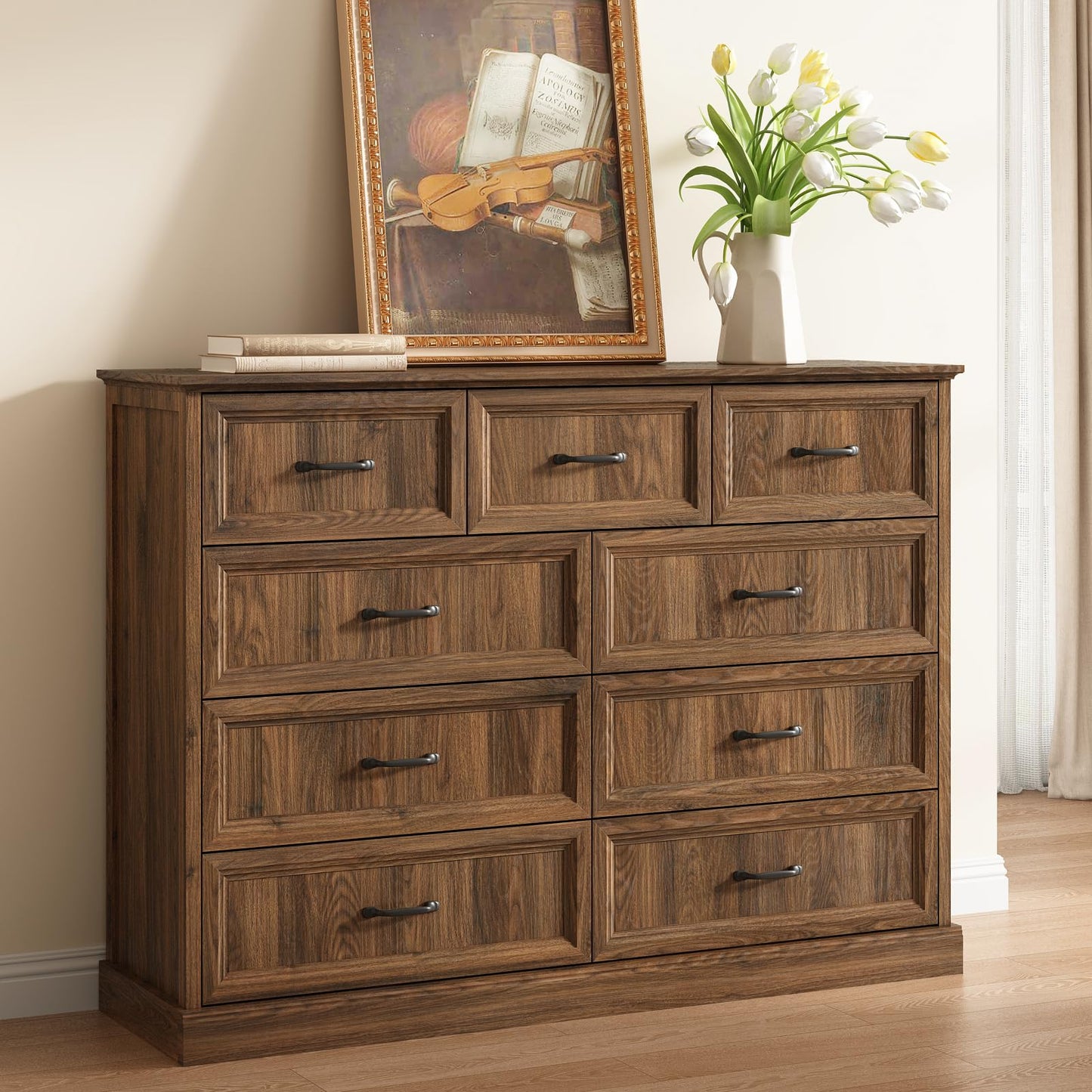 Farmhouse 9 Drawer Dresser for Bedroom, 55 Inch Wide Modern Walnut Dresser TV Stand with Large Drawers & Bar Handles, Rustic Wood Chest of Drawers for Bedroom, Living Room, Hallway, Entryway.