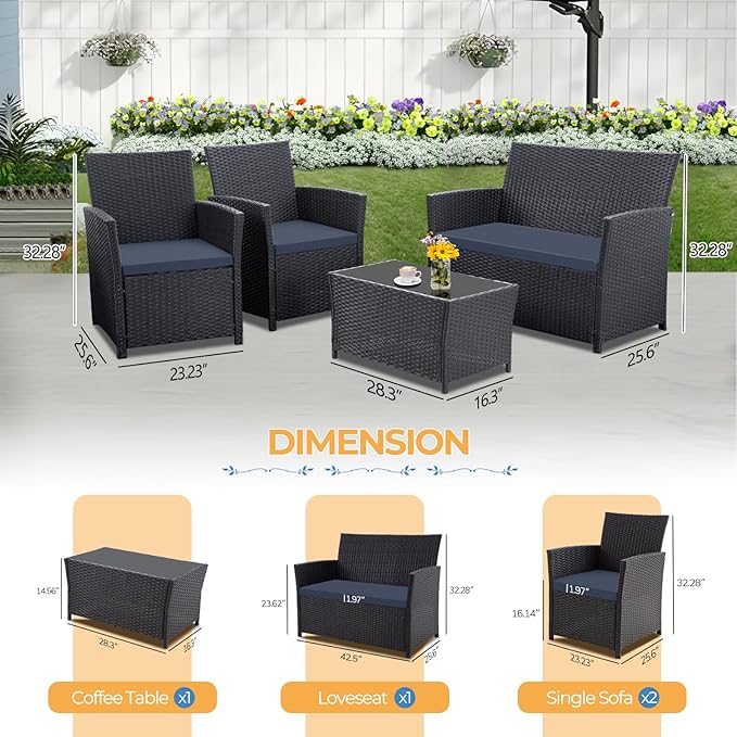 FHFO 4 Piece Outdoor Patio Furniture Sets, Outdoor Sectional Furniture Wicker Conversation Sofa Set for Outside Balcony Porch Backyard (Black-Blue)