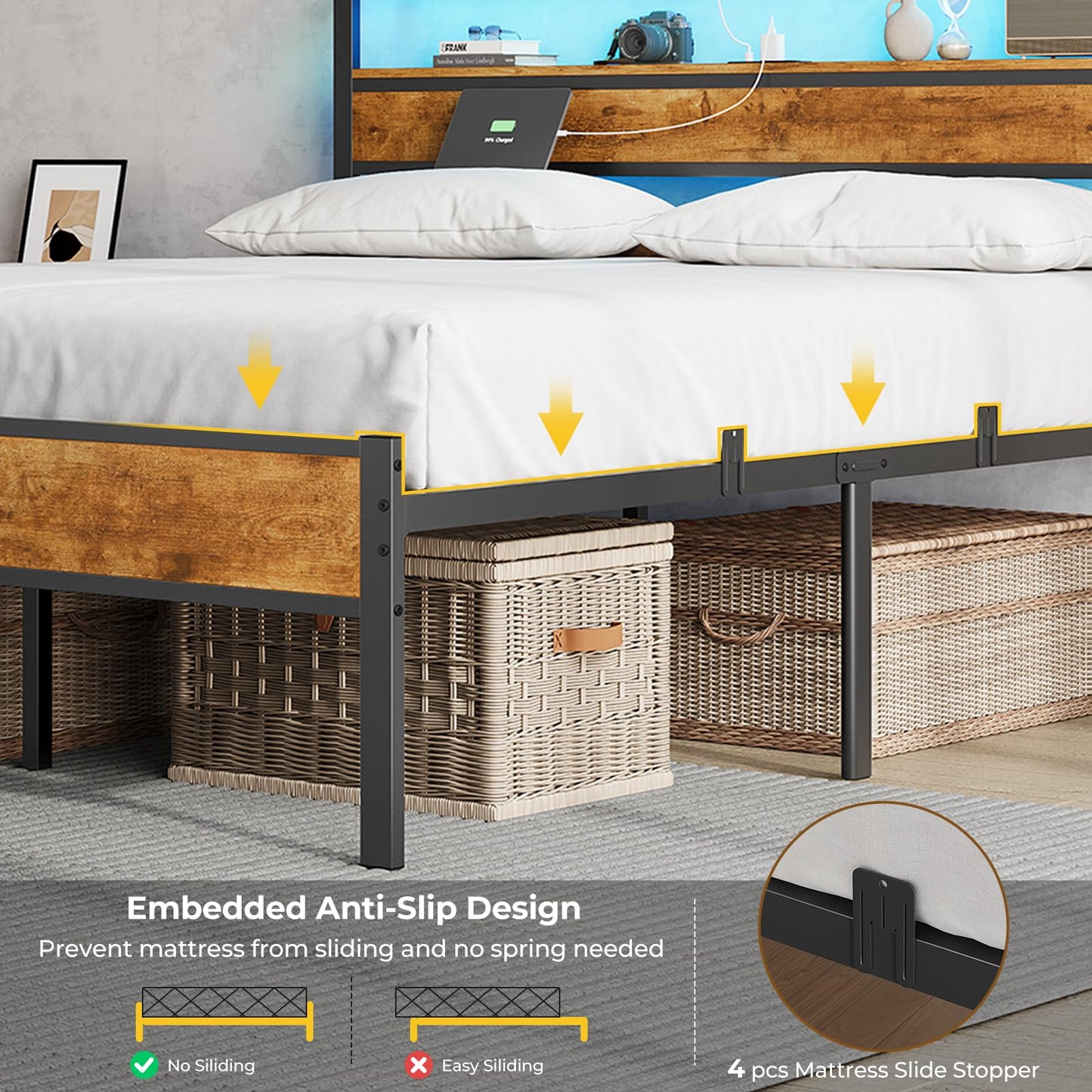 Hasuit Full Bed Frame with Headboard, LED Lights and Charging Station, Metal Platform Bed Full Size with Heavy Duty Slats, Under Bed Storage, Fast Assembly, No Box Spring Needed, Noise Free