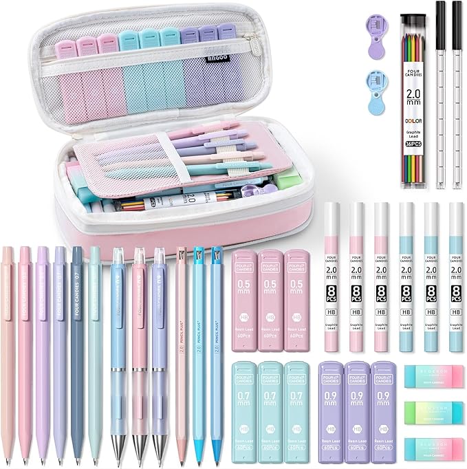 Four Candies 36PCS Aesthetic School Supplies, Mechanical Pencils 0.5mm, 0.7mm, 0.9mm & 2.0mm with 624PCS Lead Refills, Cut...