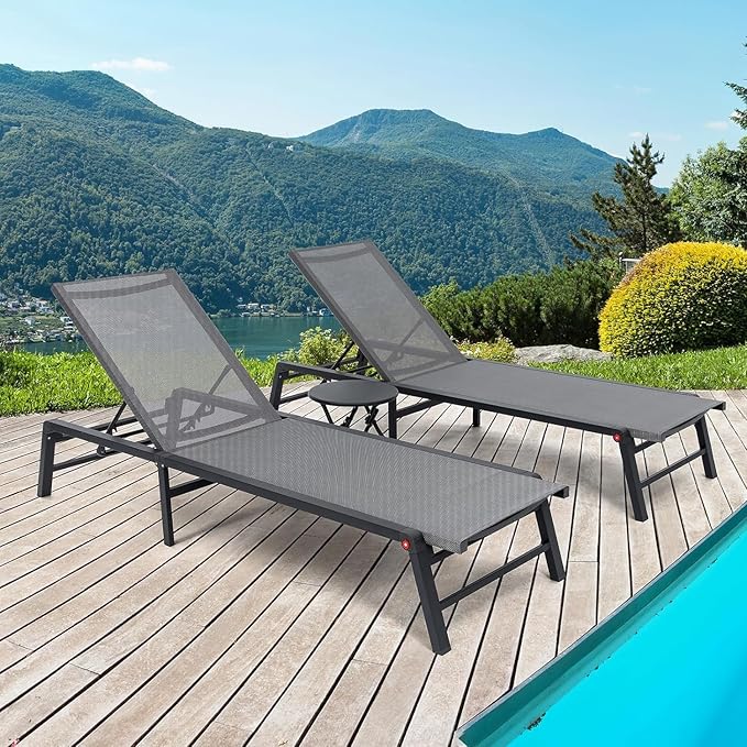 FHVIT Aluminum Chaise Lounge Chair Outdoor, Foldable Patio Lounge Chair 2 Sets with Table Assemble-Free, Pool Lounge Chairs with 5 Adjustable Backrest, Outdoor Lounge Chairs for Outside Poolside Grey