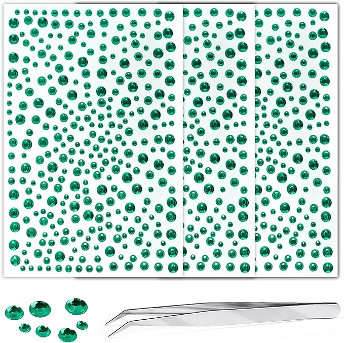 Rhinestone Stickers for Crafts Face Gems Pearls for Makeup Stick on Body Clear Crystal Tweezers Decals 3/4/5/6MM Dark Green Hair Nails Craft DIY Gems for Nails Makeup Decor 975PCS