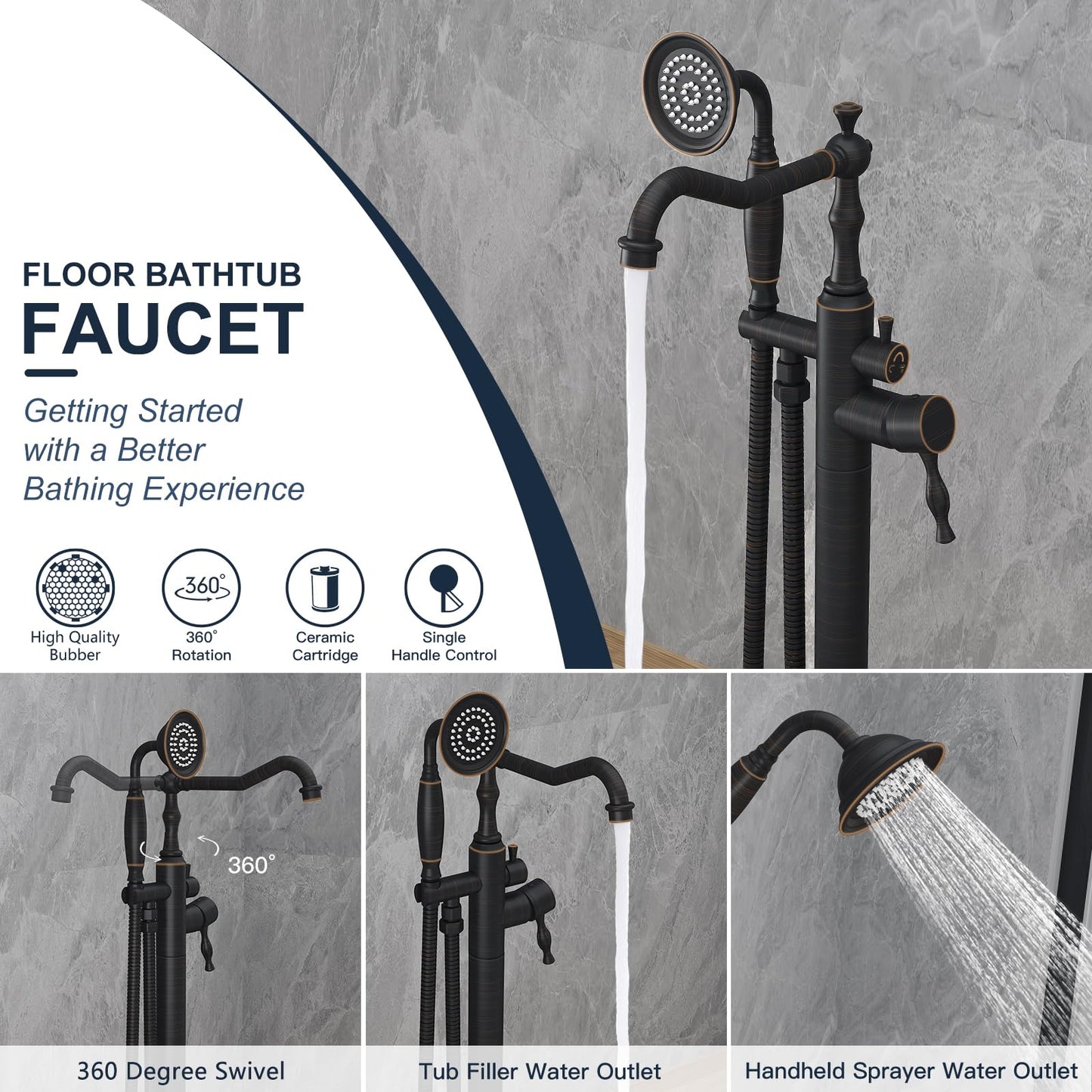 Kroias Oil Rubbed Bronze Standing Bathtub Faucet Freestanding Tub Filler High Pressure Single Handle Bathtub Filler Floor Mounted Brass Bathroom Stand Tub Faucets with Handheld Shower