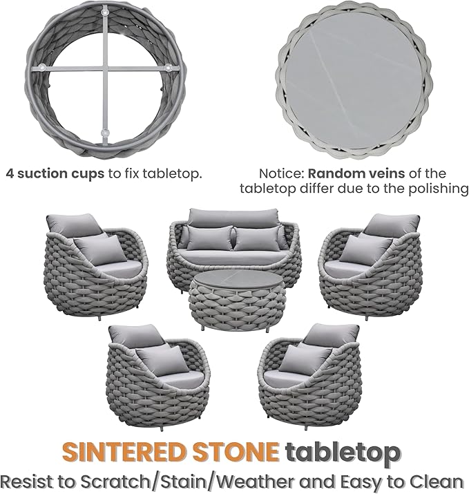 Erotr Rope Outdoor Patio Furniture Set: 6 Pieces Aluminum Porch Conversation Sofa Set - Modern Hand Woven Deck Couch Set Cushioned - No Assembly All Weather for 660lbs Yard Garden Lanai Hotel, Gray