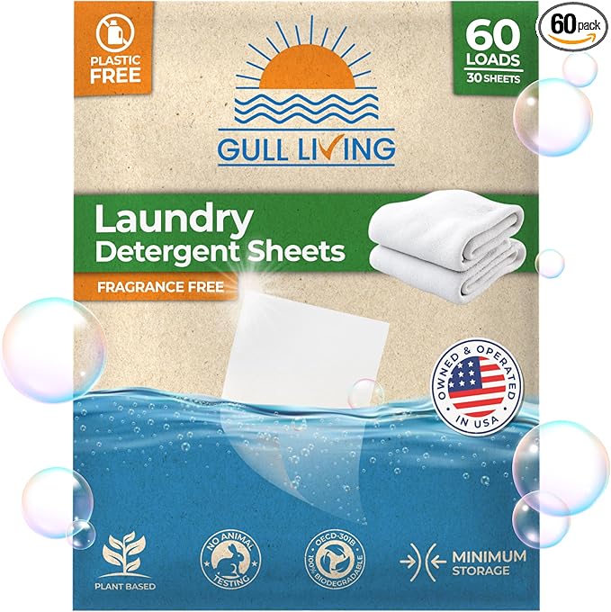 Gull Living Laundry Detergent Sheets Unscented - 60 Loads - Dissolves Quickly, Removes Stains & Odors - Home and Travel Laundry Sheets Detergent