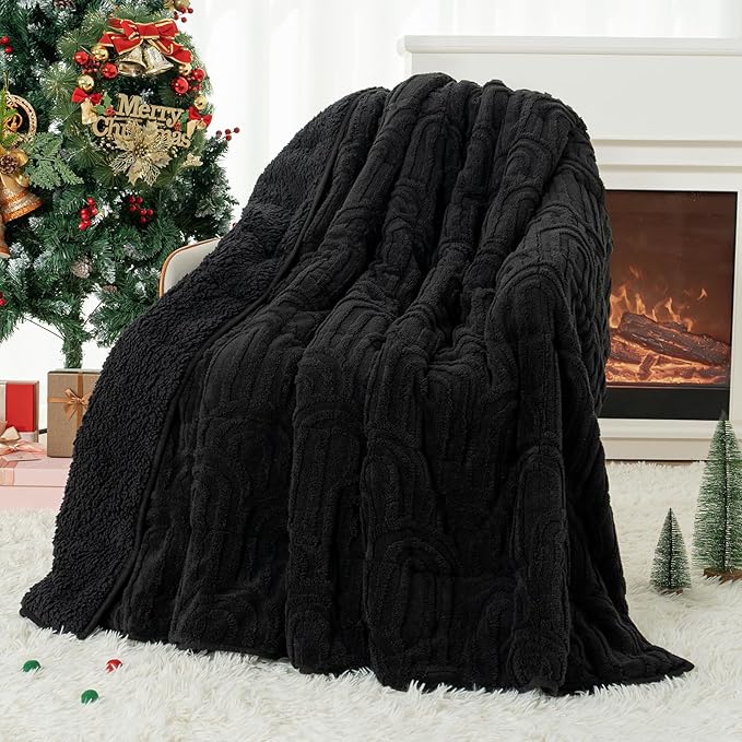 Cottonblue Weighted Blanket for Adults 15 lbs Twin Size, Cozy Fluffy Sherpa Fleece Jacquard Weighted Throw Blankets 48" x 72" for Sleep Relax, Fuzzy Warm Arch Heavy Blanket Soft for Bed Couch, Black