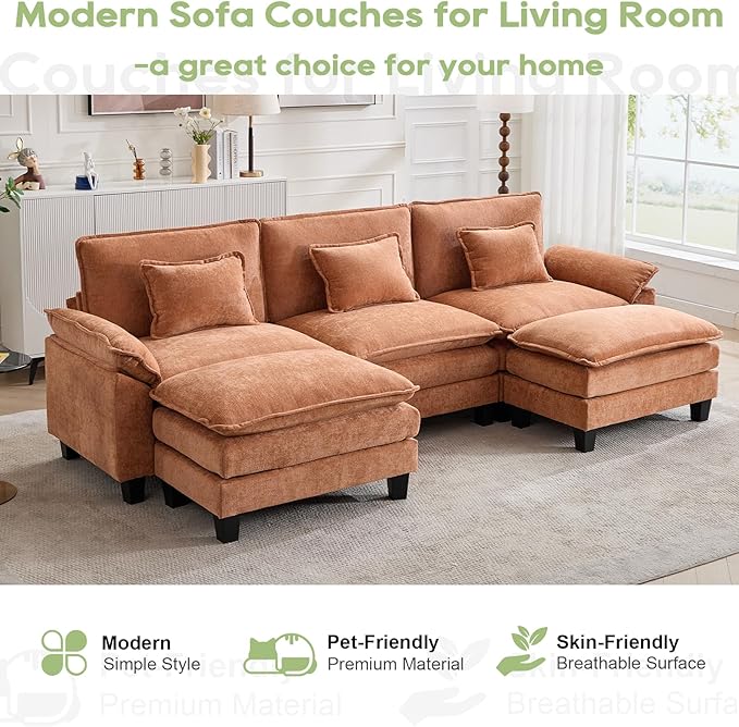 Oprisen 120" Modular Sectional Sofa, Comfy Cloud Couch Sectional Sofa with Ottoman, Chenille Sofa Sleeper Deep Seat Sofa with Throw Pillows for Living Room (Orange, 120"- U Shape)
