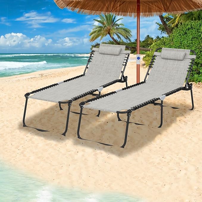 GYMAX Lounge Chair for Outside, 440lbs 27” Oversize Folding Beach Tanning Sunbath Chair with Adjustable Backrest & Removable Pillow, Lightweight Portable Patio Lounger for Lawn Poolside (2, Grey)