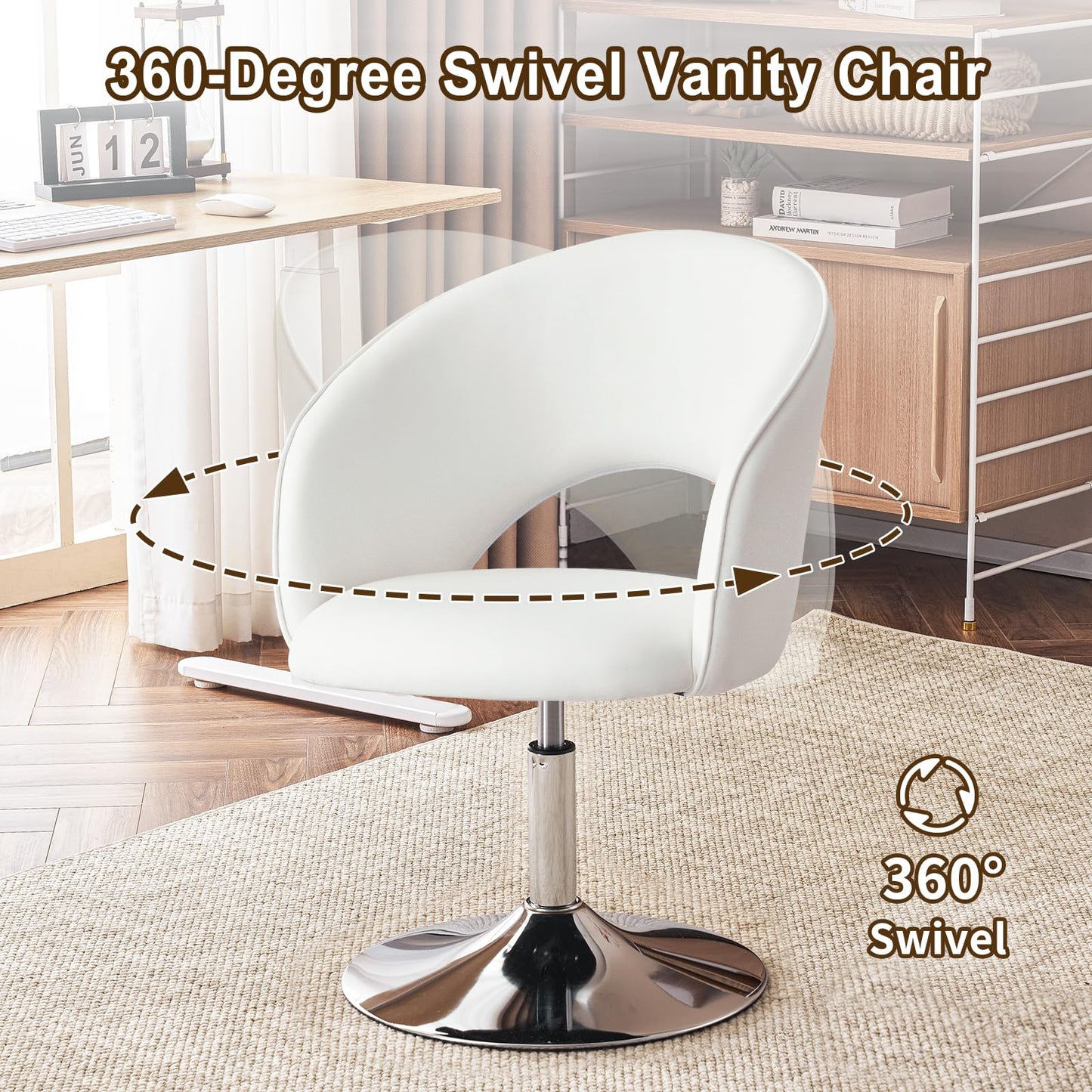 Furnimart Vanity Chair White Leather Vanity Stool, Height Adjustable Accent Chair with Back, Round Swivel Makeup Chair for Living Room Bedroom Vanity Makeup Room (PU White)
