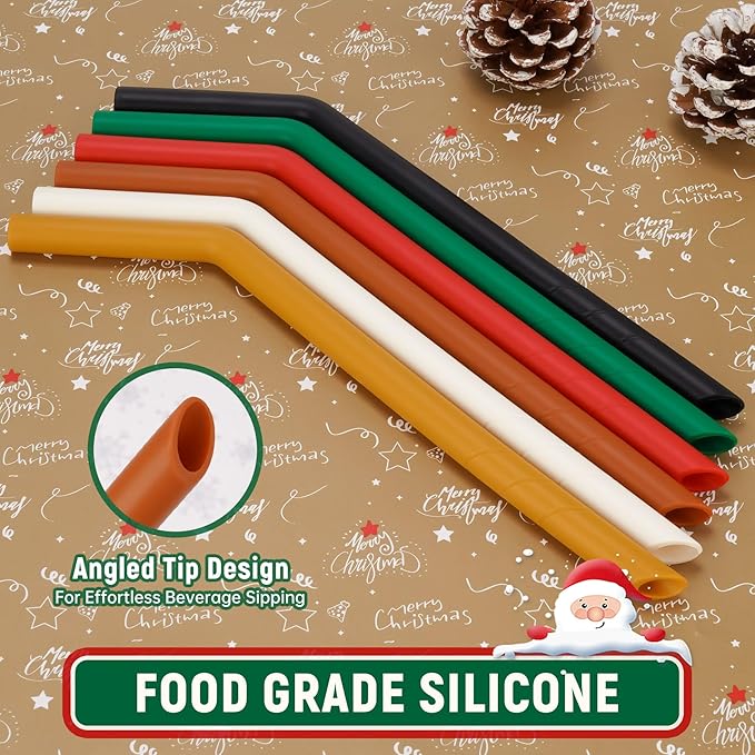 NiHome 6-Pack Extra Wide Reusable Bent Silicone Straws for Boba, Smoothies, Bubble Tea, Bent Christmas Color Straws Eco-Friendly & Colorful for Thick Drinks, Child-Safe, Customizable Length, 2 Brushes