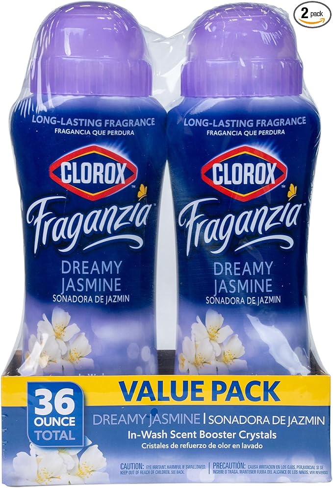 Clorox Fraganzia Laundry Scent Booster Crystals in Dreamy Jasmine Scent - Scented In-Wash Freshener Beads for Fresh, Clean, Great Smelling Clothes and Linens, 18 Oz - 2 Pack