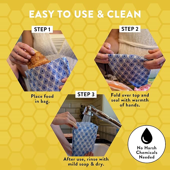 Beeswax Wrap Storage Bag, Reusable Food Storage Bags, Pack of 3, Plastic Free Biodegradable Food Wrap Alternative, Lunch Pack, 2 Small + 1 Medium (Blue)