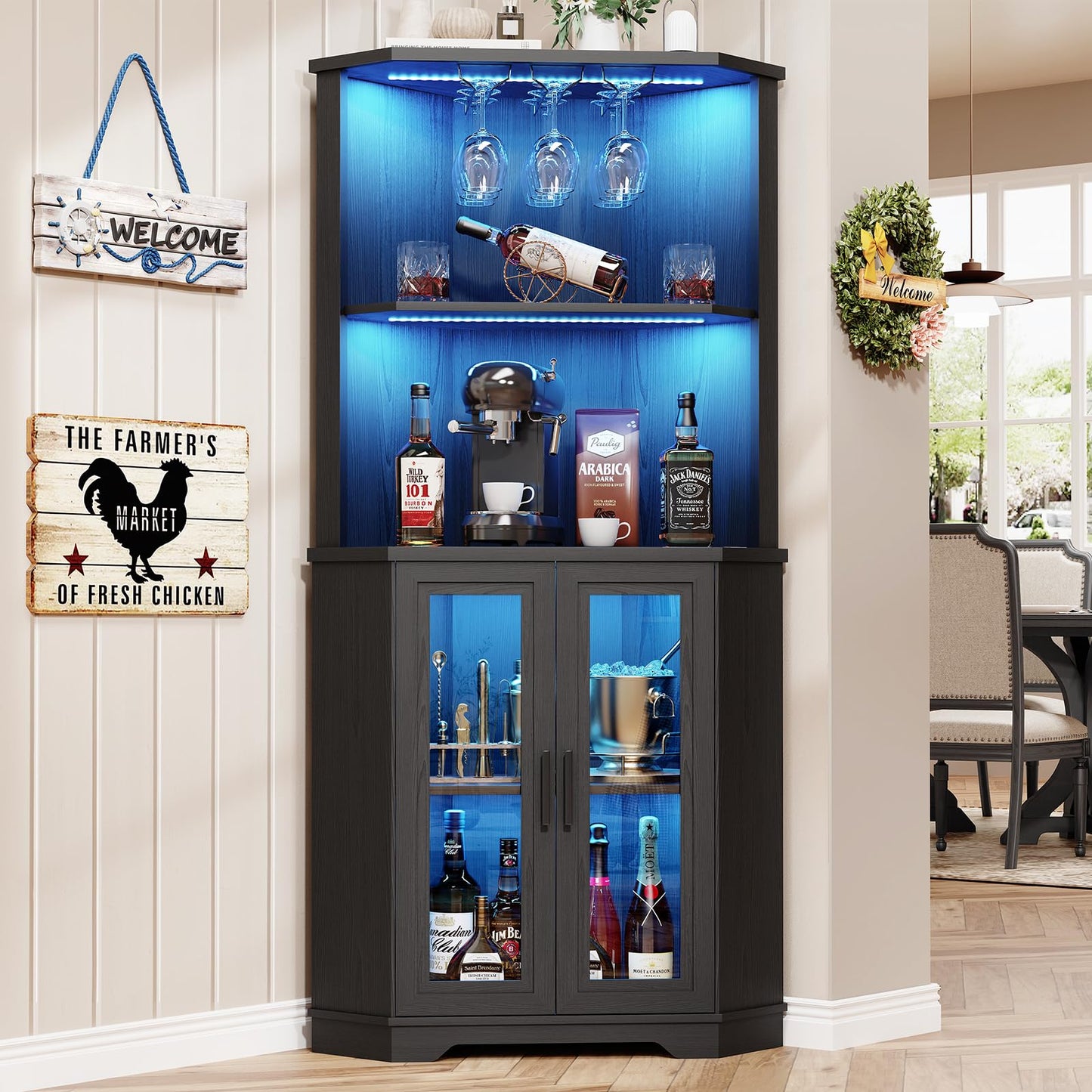 BROTTAR Corner Wine Bar Cabinet with LED Lights, 65" Tall Liquor Coffee Bar Cabinet with Glasses Holder & Tempered Glass Door, Alcohol Storage Hutch with Human Body Sensor for Dining Room, Black