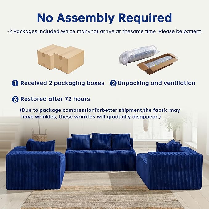 SEENYOO 130" Boneless Couch, Cloud Couch Sectional, Corduroy Sofa for Living Room, U Shaped Modular Sofa with Chaise, No Assembly, 4 Seats Oversized (Blue)