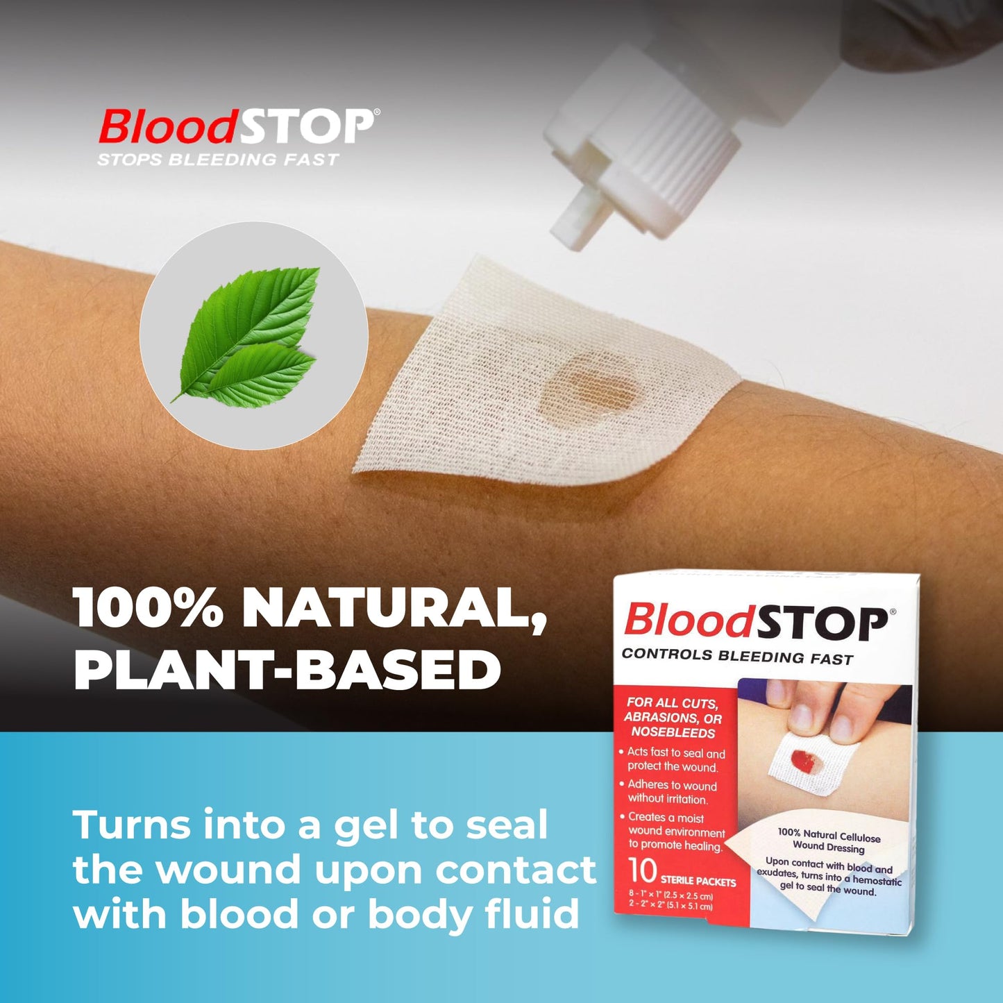 BloodSTOP-Hemostatic Dressing: Controls Bleeding Fast, Natural, Plant-Based Wound Dressing, Cuts, Road Rash, Abrasions, Nosebleeds, Bleeding Control Kit, Stop The Bleed Kit - Safe for All Ages, 10 Ct