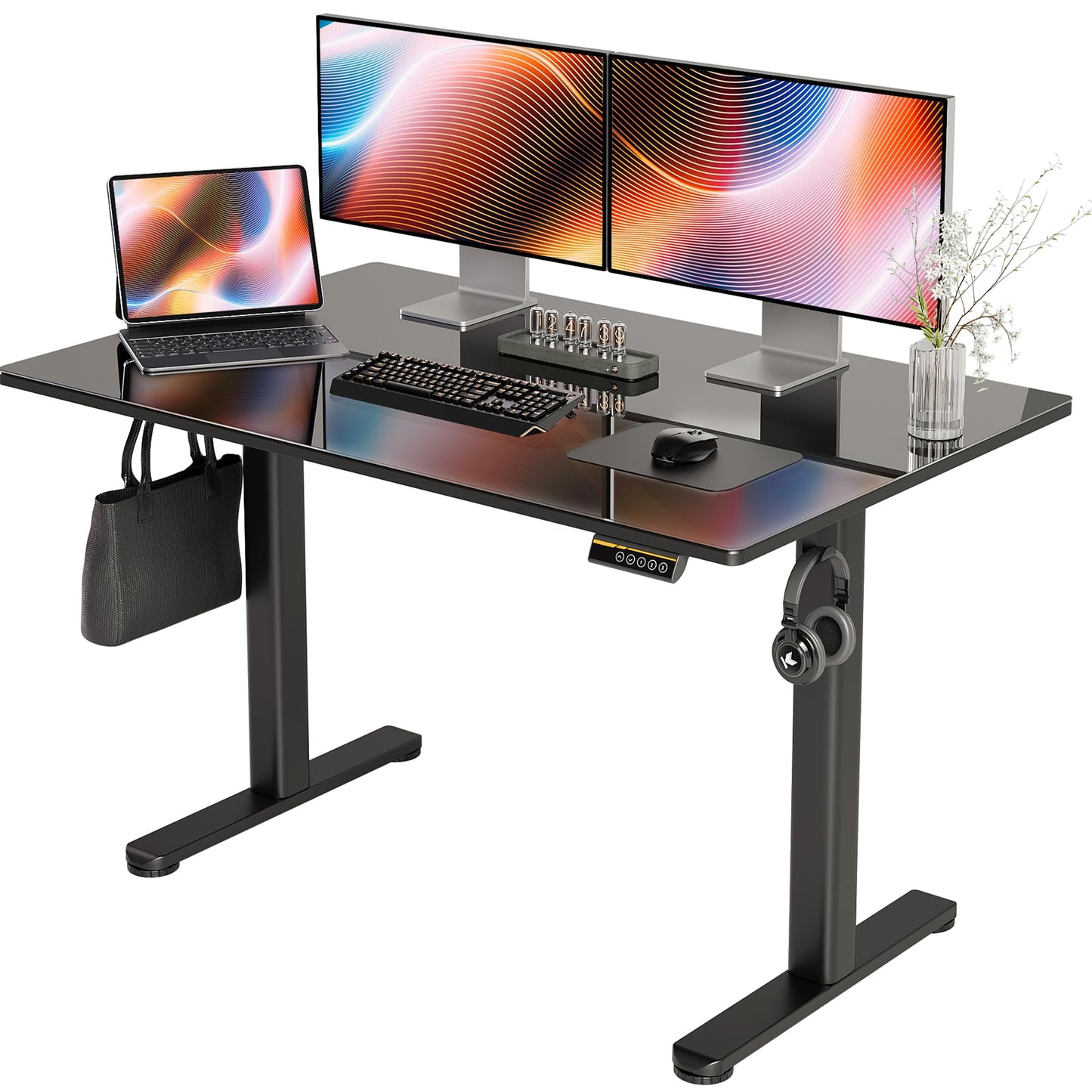 Claiks Glass Standing Desk, 48x24 Inch Electric Standing Desk Adjustable Height Quick Install Home Office Computer Desk, Black