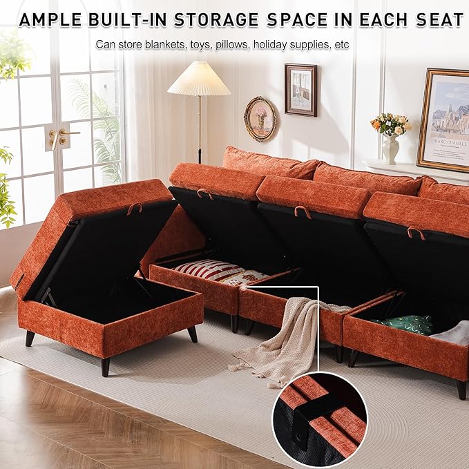 Rexulqo 104'' Modular Sectional Sofa with All Seats Storage, Oversized Sleeper Sofa Bed for Living Room,3-Seater Comfy Cloud Couches with Movable Ottoman,Big Sectional for Bedroom,Velet,Orange