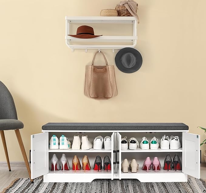 HOMSHO 2-Tier Storage Bench, 47.2" Wide Shoe Bench with Padded Seat Cushion, Entryway Bench with 4 Barn Doors and Adjustable Shelf, White
