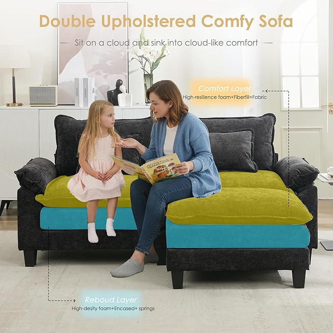 URRED Cloud Couch Modular Sectional Sofa, 87" Modern L Shaped Deep Seat Sofa with Ottoman & Pillows, Ultra Comfy Chenille Couches for Living Room, Bedroom or Apartment, Black