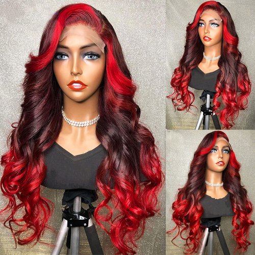 YMS Ombre Red HD Lace Front Wigs Human Hair 180% Density Highlight Human Hair Wigs for Women Skunk Stripe Glueless Wig Pre Plucked 14 Inch Black and Red Colored 13x4 Lace Frontal Wig