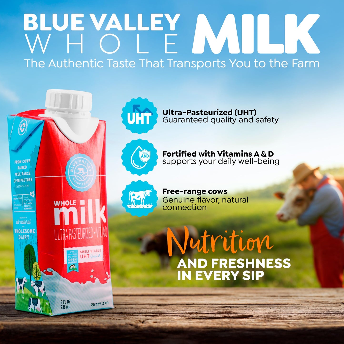 Blue Valley Shelf Stable Whole Milk Boxes with Vitamin D - no refrigeration needed 8 oz Singles (24 Pack) kosher Cholov Yisroel, UHT Pasteurized Tetra Pak Carton.
