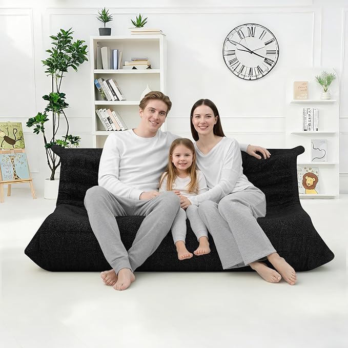 HABUTWAY Bean Bag Chairs Fireside Lazy Floor Sofa, Soft Teddy Fleece 3 Seater Sofa with High-Resilience Foam Filling，Beanbag for Living Room, Bedroom, Office (Black Teddy)