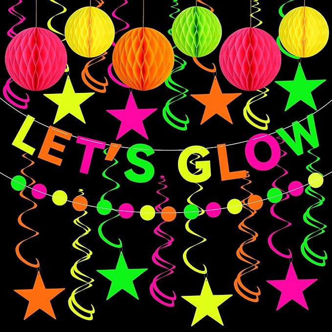 Neon Party Supplies includes Let's Glow Banner Star Hanging Swirls Circle Dot Garland Glow in The Dark Party Hanging Decor...