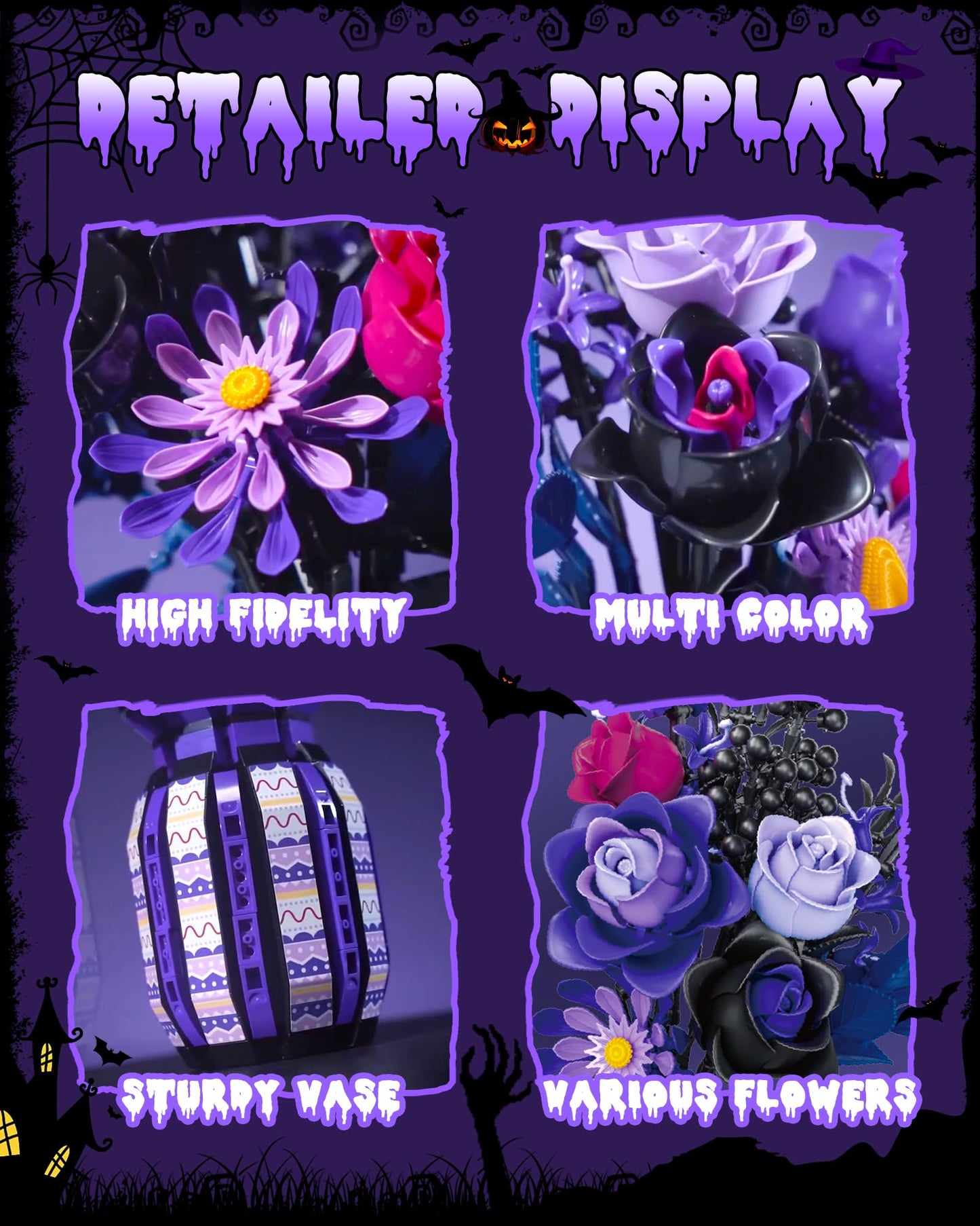 Halloween Flowers Building Set with Vase for Adults, Purple Roses Compatible with Lego Flowers Botanical Collection, 14+