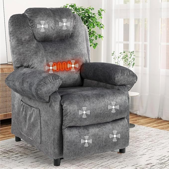 Pushback Massage Recliner Chair with Heat, Fabric Heated Small Massaging Reclining Chair Single Sofa for Adults, Overstuffed Push Back Manual Recliner for Living Room,Grey