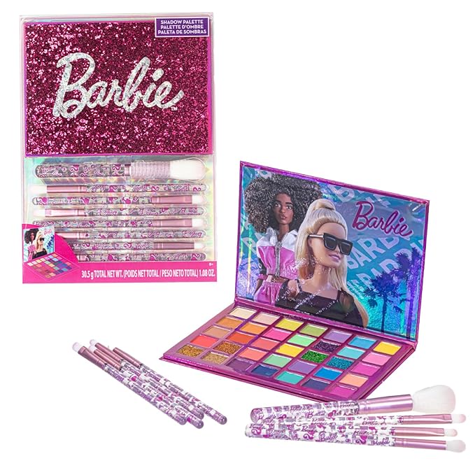 Barbie 35-Well Shadow Palette, Shimmery and Opaque Colors, Pigmented Blendable, 8 Application Brushes Ages 8+, by Townley ...