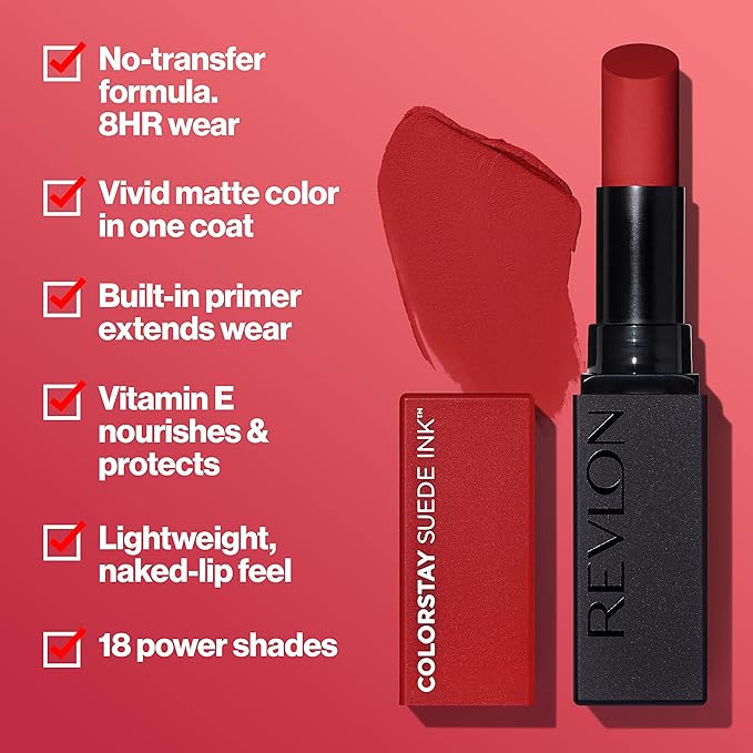 Revlon Lipstick, ColorStay Suede Ink, Built-in Primer, Stocking Stuffer for Women, Waterproof, Smudge-proof, Matte Color, 009 In Charge, 0.09 oz