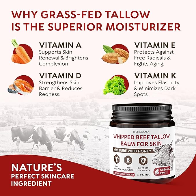 Beef Tallow for Skin – Whipped Tallow and Honey Balm with Grass-Fed Beef Tallow – Organic Daily Tallow Face Moisturizer & Body Balm – Deep Nourishment for Dry, Cracked, Sensitive Skin - 4.3 OZ