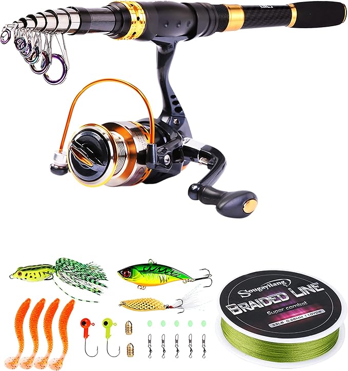 Sougayilang Fishing Rod Reel Combos Carbon Fiber Telescopic Fishing pole with Spinning Reel for Travel Saltwater Freshwate...