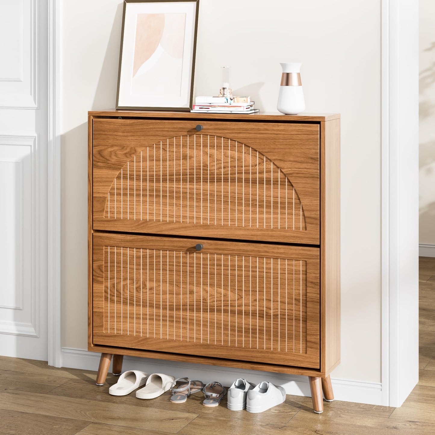 Fsbecl Shoe Storage Cabinet for Entryway with 2 Flip Drawers, Narrow Wood Shoe Cabinet with Fluted Panel, Freestanding Hidden Shoe Organizer for Foyer, Hallway (Walnut - No Shelf)