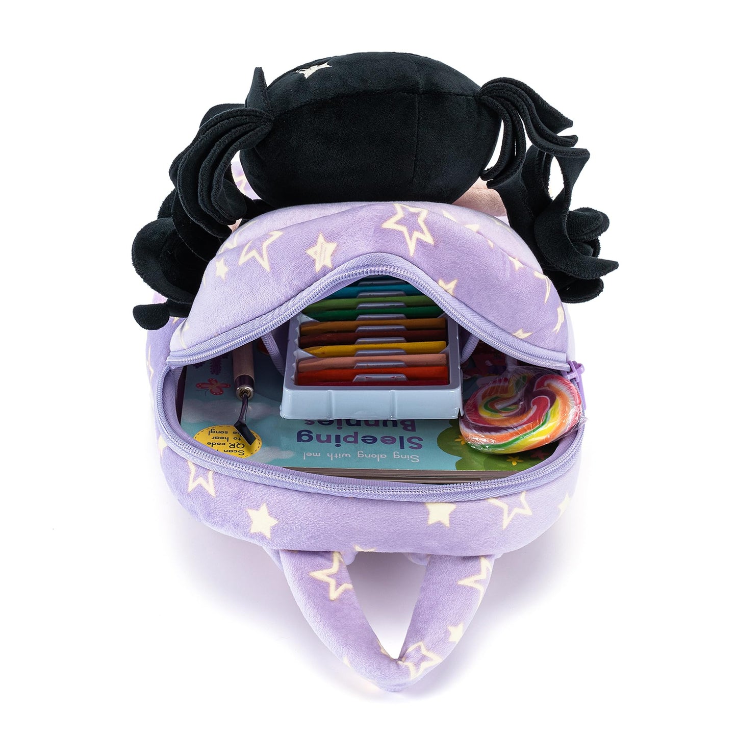 Gloveleya Toddler Backpacks Baby Girl Gifts Curly Hair Plush Figures Dress Backpack Kids Backpack Curly Hair Spring Girl - Black Head Purple Star 9inches