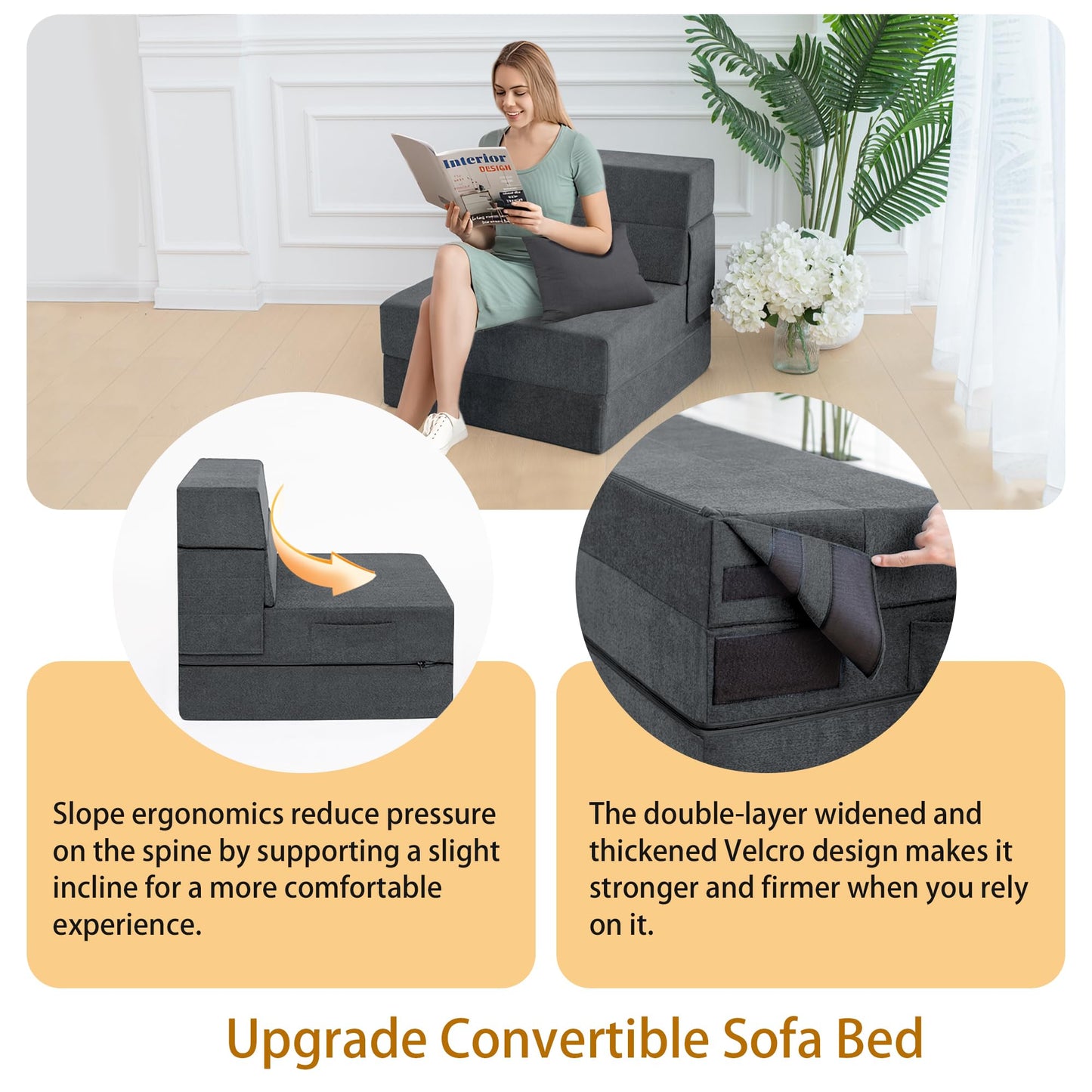 Ressainic Folding Sofa Bed Chair with Pillow,Convertible Fold Out Chair Bed Sleeper,Foam Floor Mattress, Foldable Futon Couch Bed for Living Room/Dorm/Guest/Office (Grey, Single)