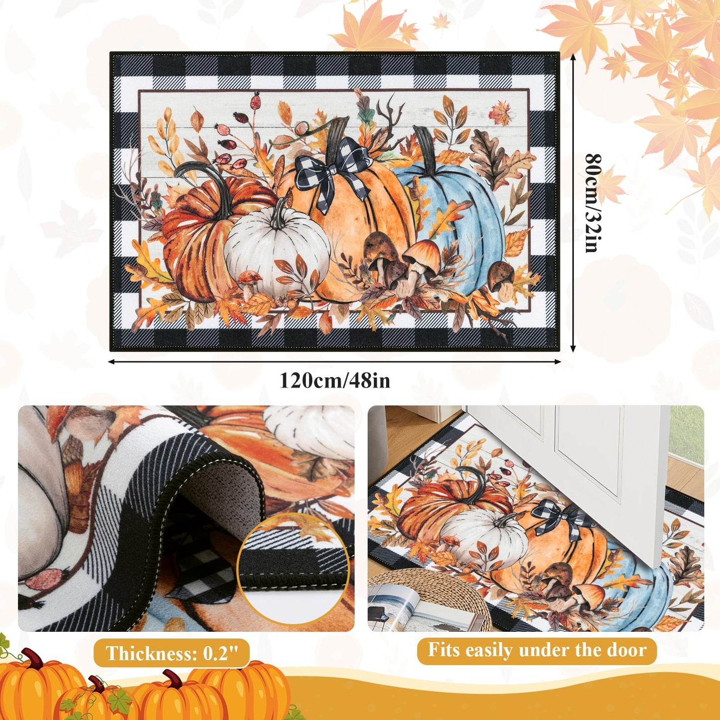 SHACOS Fall Orange and Blue Pumpkin Rugs 32x48 Buffalo Plaid Leaves Autumn Harvest Front Door Mat Non-Slip Entrance Floor Mat Thanksgiving Day Decorations for Home, 2'8" x 4'