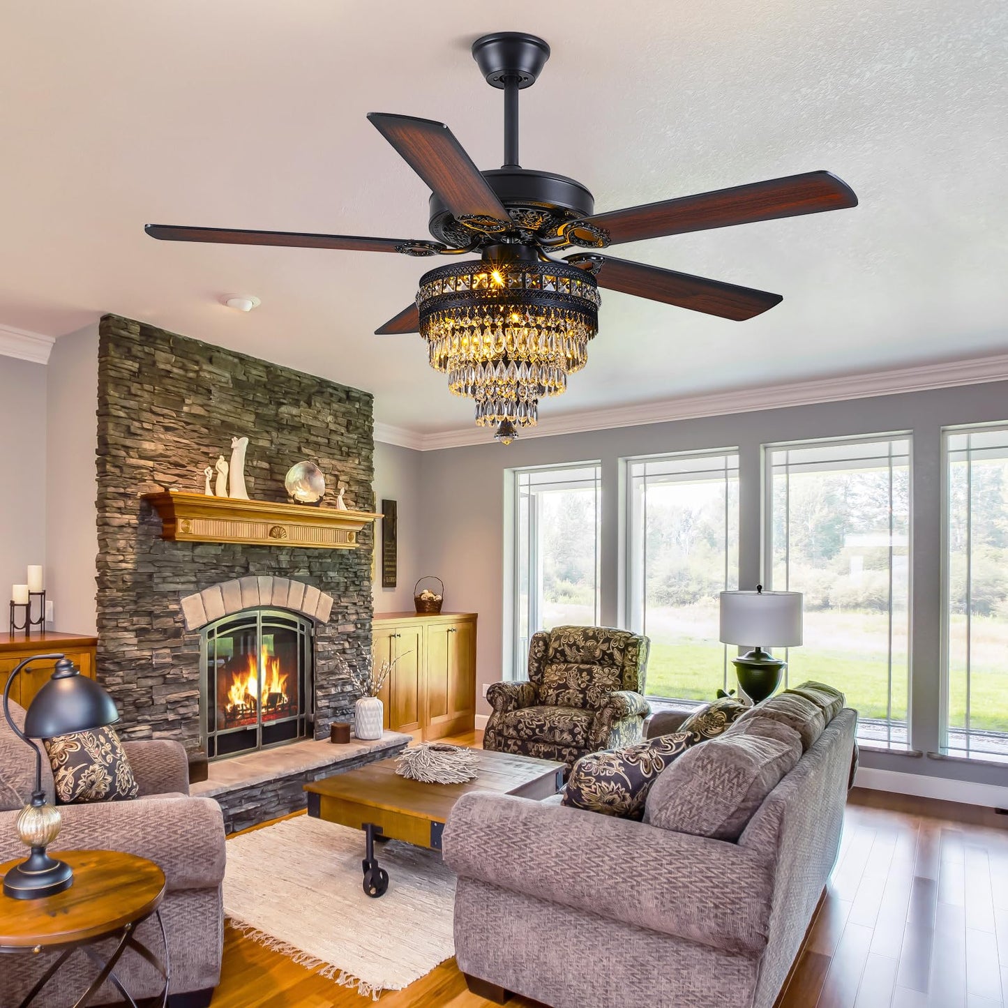 Asyko Crystal Ceiling Fan Fandelier with Lights - Modern Black Chandelier Fans with Remote Control，Noiseless AC Motor, Retro/Farmhouse Lighting, Dining Room， Living Room (52"