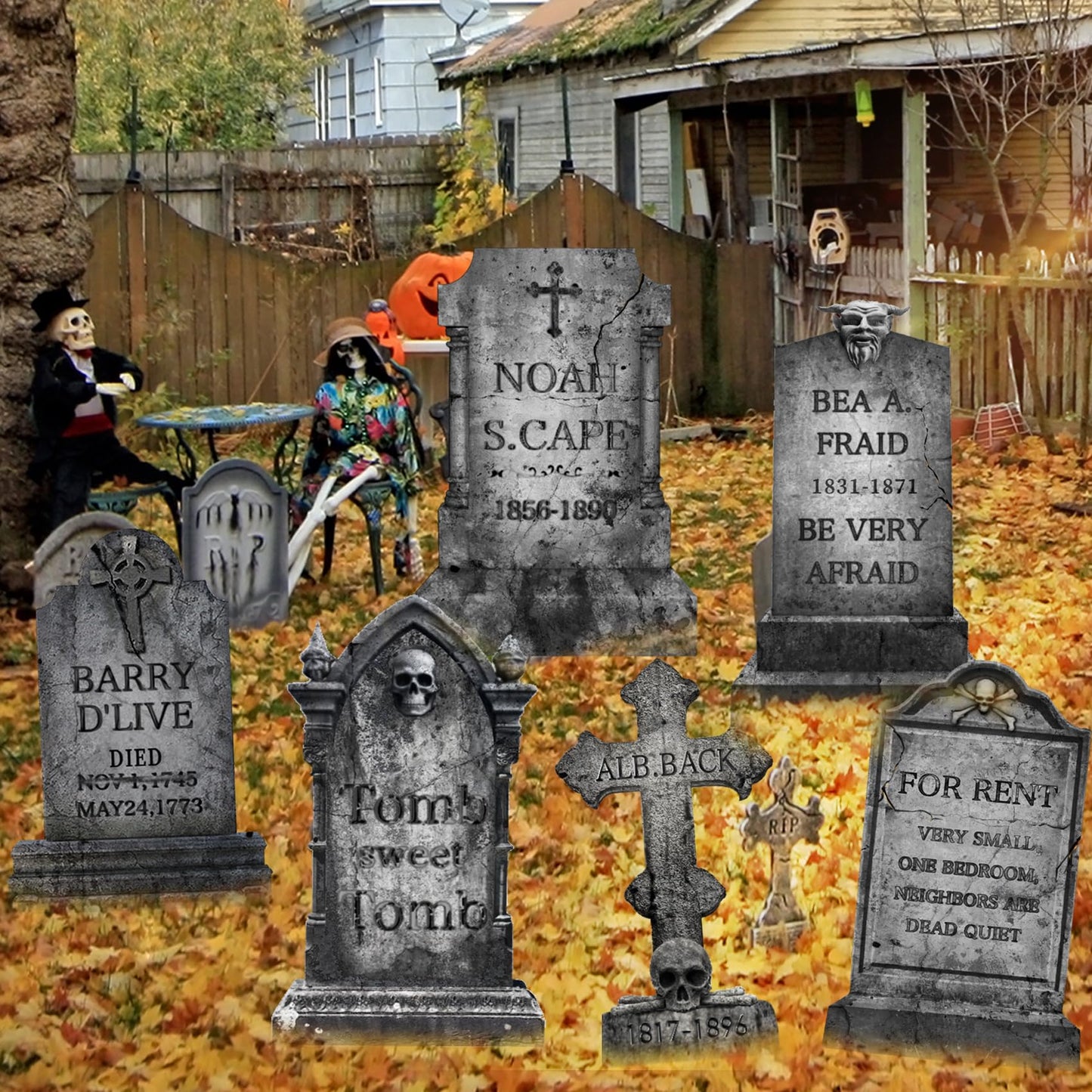 Funny Halloween Graveyard Tombstones Prop Yard Stakes Signs 6 Styles Puns Cardboard Headstones for Cemetery Halloween 17in RIP Graveyard Tombstones Outdoor Props Yard Decorations with Stakes